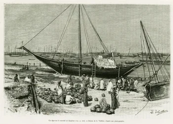 Týpí na trhu Zanzibar (Tanzanie). Rytina G.Vuilliera k ilustraci příběhu Plavba mezi Benadiry, Somálci a Bayouny, v roce 1882 a 1883, od G.Revoila, v le tour du monde 1888, režie Edouard Charton (1807-1890), Hachette, Paříž.