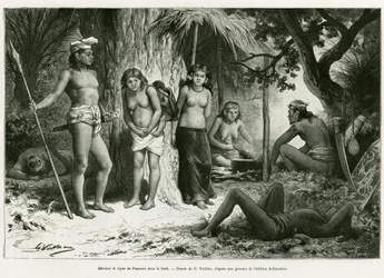 Bivak a druhy plic v lese. Rytina G.Vuilliera k ilustraci příběhu De Koutei a Bandjirmasin, plavba Borneem, od Carla Bocka, in le tour du monde 1890, režie Edouard Charton (1807-1890), Hachette, Paříž.