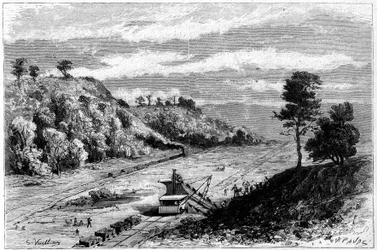 Výstavba Panamského průplavu - proražení Panamské šíje: celkový pohled na místo rypadla Monkey Hill (Monkey-Hill). Rytina od Vuilliera v ""Le Monde Illustre"" č. 1309 z 29. dubna 1882.