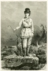 Portrét Madame Marie De Ujfalvy-Bourdon v cestovním oblečení se svým psem, provdané za etnologa lingvistu a badatele Charlese Eugena Ujfalvyho (1842-1904), doprovázela ho na všech jeho výpravách. Rytina G.Vuillier, podle přírody pro ilustraci