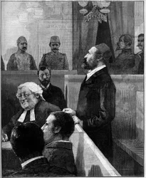 Proces egyptského arabského paši (Orabi paša, Ahmed Urabi) (1841-1911), organizátor protievropského nepokoje v Alexandrii v červnu 1882. Rytina Vuilliera v „“ Le Monde Illustré““ č. 1343 z 13. prosince 1882 .