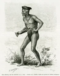 Sibou Mobang, náčelník kanibalů. Rytina G. Vuilliera ilustrující vyprávění De Koutei a Bandjirmasin, cestu Borneem, od Carla Bocka, v Le Tour du Monde, 1890, pod vedením Edouarda Chartona (1807-1890), Hachette, Paříž.