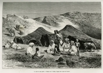 Nezla (příbuzná) mého průvodce. Rytina G. Vuilliera k ilustraci Alžírské Sahary od V. Largeaua, 1874-1878, publikovaná v Le Tour du monde pod vedením Édouarda Chartona (1807-1890)
