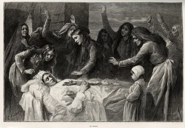 Vocero, korsická funebre píseň vyzývající k pomstě. Rytina a příběh „La Corse““ od Gastona Vuilliera (1845-1915), v roce 1890, v Le tour du monde, nouveau journal des voyages, pod vedením Edouarda Chartona (1807-1890)