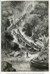 Tažení kánoí u vodopádů Innkissi (nebo Livingstone Falls) (Kongo), pod vedením sira H.M.Stanleyho (1841-1904), kresba G.Vuilliera, pro ilustraci příběhu „Through the Mysterious Continent“, plavba uskutečněná v letech 1874 -1877, Sir H.M.Stanley. E