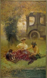 Mladá žena s pomocí opice léčí divokou zvěř (malba)