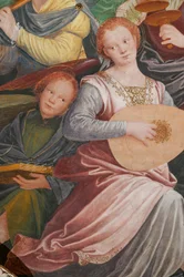 Detail Nanebevzetí Panny Marie, známého jako „Hudební sbor andělů“, Dóm transeptu, z roku 1534 (freska)