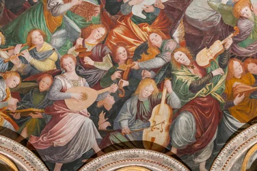 Detail Nanebevzetí Panny Marie, známého jako „Hudební sbor andělů“, Dóm transeptu, z roku 1534 (freska)