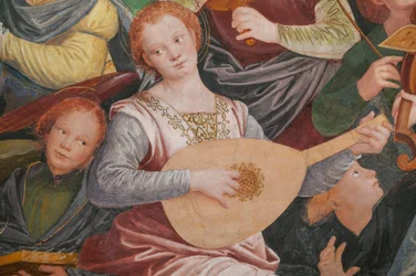 Detail Nanebevzetí Panny Marie, známého jako „Hudební sbor andělů“, Dóm transeptu, z roku 1534 (freska)