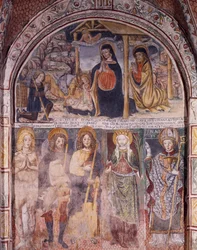 Narození a svatí, freska od Gaudenzio Ferrari (1475-1546), bazilika San Giulio, ostrov San Giulio, Orta San Giulio, Itálie
