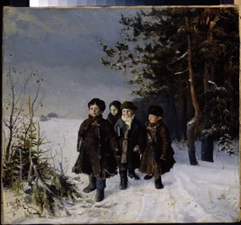 Zpátky ze školy - Obraz Gavriila Fjodoroviče Rybakova (1859-?), olej na plátně