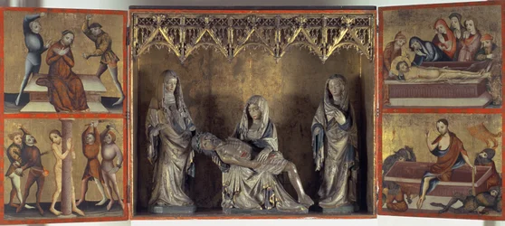 Oltářní obraz Oplakávání a umučení Krista (oltář sv. Alžběty Durynské) kolem roku 1410 (tempera na desce a vápenci)