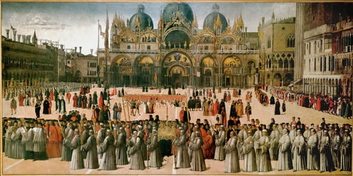 Procesí na náměstí San Marco, Benátky (olej na plátně)