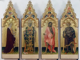 Čtyři světci z Quaratesiho polyptychu: svatá Máří Magdaléna, svatý Mikuláš z Bari, svatý Jan Křtitel a svatý Jiří