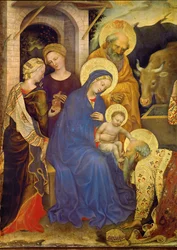 Jeden ze Tří králů klečí před Ježíškem, královská koruna na zemi (tempera na dřevě)