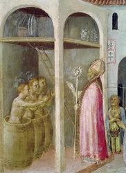 Svatý Mikuláš křísí tři děti vhozené do sudů se solným nálevem, detail predelového panelu oltáře Quaratesi, 1425