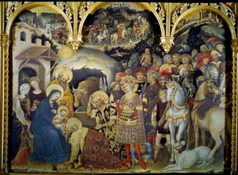 Klanění tří králů Detrempe na dřevě od pohana da Fabriana (1370-1427) 1423. Ne. 3x2,8 m Florencie, galerie Uffizi.