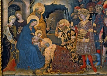 Klanění tří králů, detail Panny Marie s dítětem a třemi králi, 1423