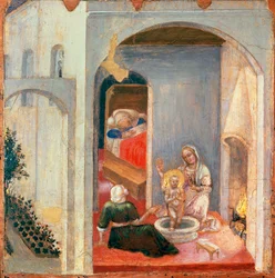 Narození svatého Mikuláše, panel z predely Quaratesi Polyptych od Gentile da Fabriano (1370-cca 1427), tempera na panelu, 355 x 36 cm