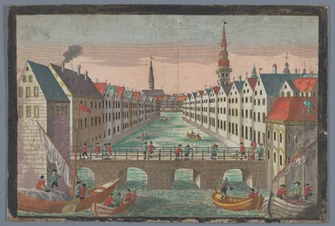 Pohled na Nikolaifleet naproti Sankt Nikolaikirche v Hamburku Vyhlídka proti St. Nicolai Kirche zu Hamburg