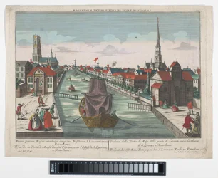 Pohled na Wester Oude Hoofdpoort a Ooster Oude Hoofdpoort v Rotterdamu Prospect der Ost Maas Port, gegen der S. Lorenzen Kirch zu Roterdam (název na objektu) Rotterdam (název série)