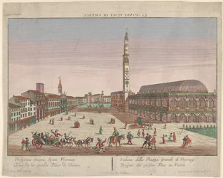 Pohled na náměstí Piazza dei Signori ve Vicenze s koňskými povozy a postavami ..., ca. 1750-1801.