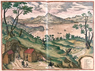 Neapolský záliv a Vesuvio - v knize "Civitates Orbis Terrarum" od Georga Brauna, Kolín nad Rýnem 1617