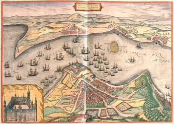 Helsingor, dánsky - Helsingborg, švédsky - v "Civitates Orbis Terrarum" od Georga Brauna, Kolín nad Rýnem 1617