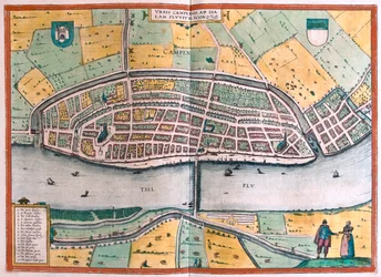 Kampen a řeka Ysel, Nizozemsko - v knize "Civitates Orbis Terrarum" od Georga Brauna, Kolín nad Rýnem 1617