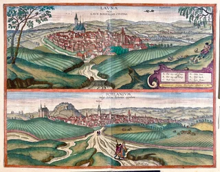 Louny (Čechy) - Slaný, Česká republika - v "Civitates Orbis Terrarum" Georga Brauna, Kolín nad Rýnem 1617