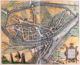 Namur a řeka Mosa, Belgie - v "Civitates Orbis Terrarum" od Georga Brauna, Kolín nad Rýnem 1617