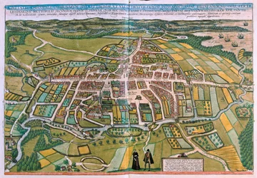 Plán města Odense v Dánsku v knize "Civitates Orbis Terrarum" od Georga Brauna, Kolín nad Rýnem 1617