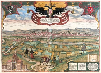 Regensburg ( císař Rudolf II. ), Německo - v "Civitates Orbis Terrarum" od Georga Brauna, Kolín nad Rýnem 1617