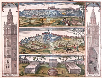 Seviglia - Gerena (Sevillská Giralda) - 5 pohledů na San Juan na Guadalquiviru, 3 římské hrobky a věž po straně, v "Civitates Orbis Terrarum" od Georga Brauna, Kolín nad Rýnem 1617
