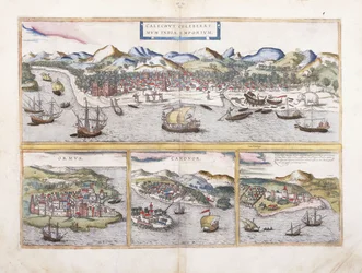 Pohled na Kalkatu v Indii a pod menšími pohledy na Ormuz u vstupu do Perského zálivu, Canonor v Indii a portugalskou pevnost El Mina v západní Africe, 1572