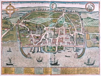 Visby, ostrov Gotland, Švédsko - v knize "Civitates Orbis Terrarum" od Georga Brauna, Kolín nad Rýnem 1617
