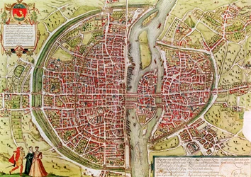Mapa Paříže z „Civitates orbis terrarum“ od Georga Brauna (1541-1622) a Franze Hogenberga (1540-92), francouzská, 1572-1617