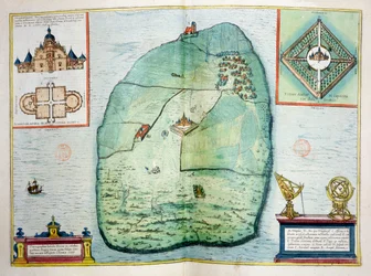 Hrad a observatoř Uraniborg na ostrově Hven, Dánsko, postavený kolem roku 1584 Tycho Brahe (1546-1601), z Urbium Praecipuarum Mundi Theatrum Quintum, vydáno Kolín nad Rýnem, 1598 (barevné