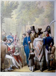 Boulevard des Italians, kavárna Hardy v Paříži v 19. století. Litografie Němce Georga Emanuela Opitze (1775-1841)