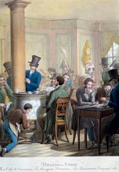 Stůl v Paříži: pohled na kavárnu du commerce: buržoazní mluví, hraje domino. Litografie George Emanuela Opitze (1775-1841) 19. století. Paříž, Musee Carnavalet