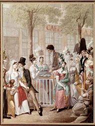 Terasa kavárny de la Rotonde v Paříži v roce 1814. Litografie George Emanuela Opitze (1775-1841). Paříž, Musee Carnavalet