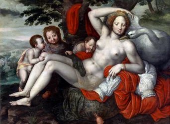 ""Leda a labuť"" - Leda a labuť od Pencz, Georg (Jorg) (1500/02-1550), polovina 16. století. - Olej na dřevě, 92x126 - Muzeum na louce, Madrid