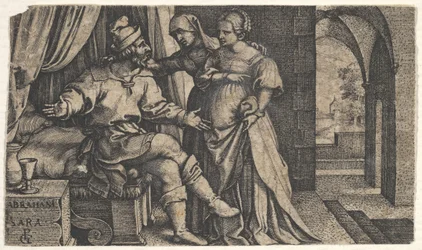 Sarah představuje Hagar Abrahamovi, který sedí u nohou postele, ze série The..., ca. 1543.