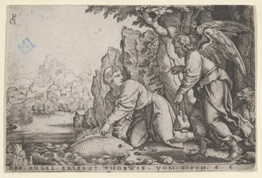 Tobiolus chytá ryby, z Příběhu Tobiáše, 1543.