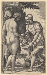 Tomyris, zobrazený nahý zezadu, vkládá hlavu Cyruse do pytle, který drží voják..., ca. 1539.