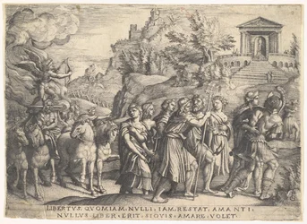 Triumph of Love: čtyři koně táhnou kočár s Cupidem stojícím na kouřící plošině..., ca. 1539.