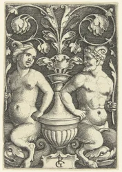 Ženský a mužský satyr Povrchové dekorace s groteskami a listovými liánami (název série)