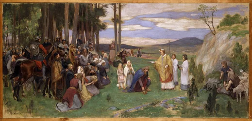 Anschaire (Oscar) de Breme (801-865) preche le christianisme en Scandinavie - Ansgar káže křesťanství, Pauli, Georg (1855-1935). Olej na plátně. Rozměr: 64 x 136 cm. Národní muzeum Stockholm