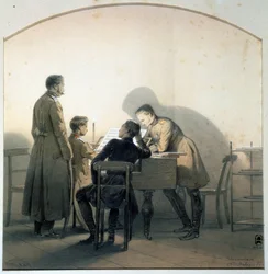 U klavíru (U klavíru). Ruští vojáci hrající na klavír během krymské války. Obraz George Wilhelma Timma (1820-1895). Akvarel a tužka na papíře, 20,8 x 20,1 cm