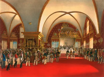 Korunovační hostina v sále Paláce faset v moskevském Kremlu, 1856.